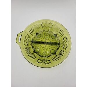 Vintage Indiana Glass One Handle Green Divided Candy Nut Serving Dish